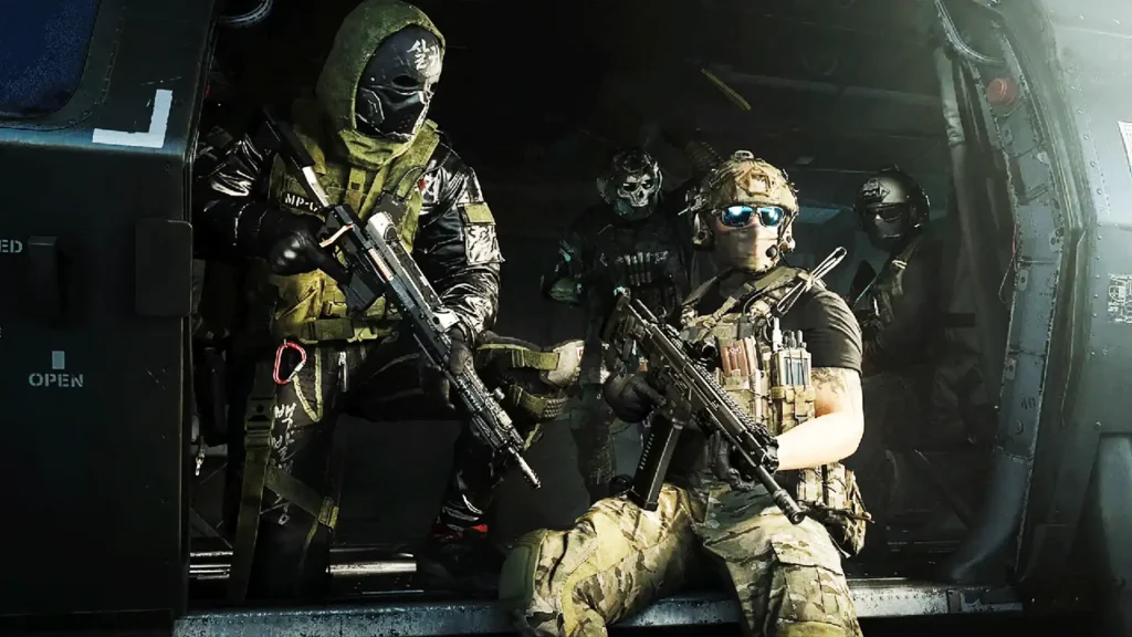 Image of Modern Warfare 4 beta Operators sitting while holding rifles in back of helicopter