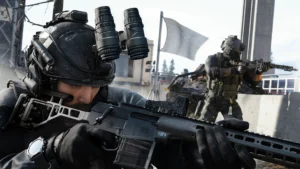 Image of Modern Warfare 4 players aiming down sights of assault rifle. A white objective flag flies in the background