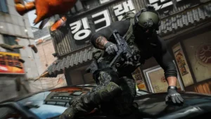 Modern Warfare 4 – All Campaign Missions Image of Modern Warfare 4 player mantling over vehicle while holding weapon