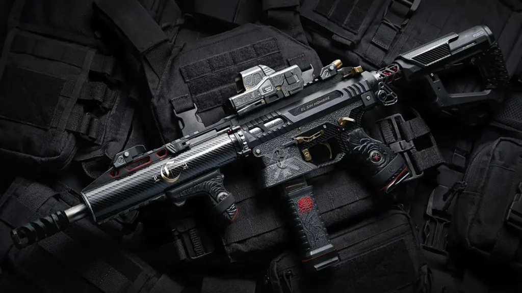 Image of ISO Nightshade from Modern Warfare 4 on a background of black vests