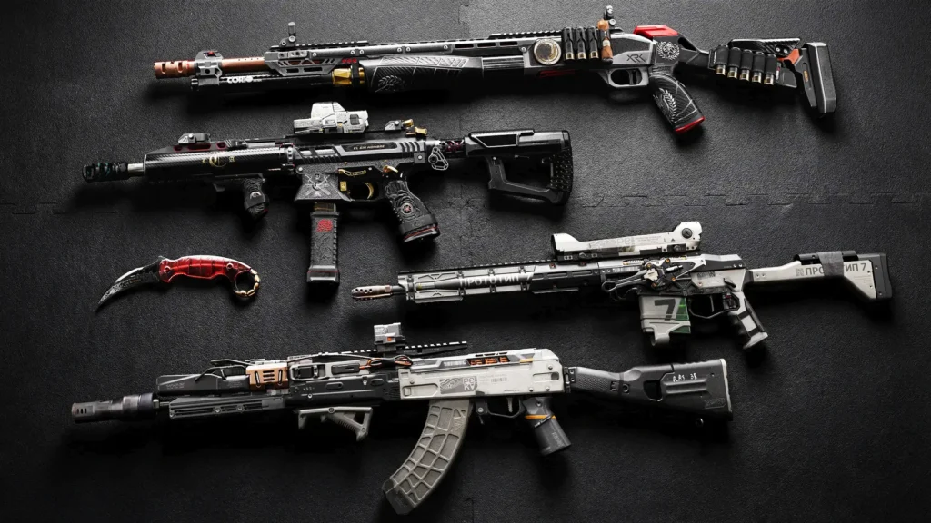 Image of Modern Warfare 4 weapons using Apex Attachments on a grey background