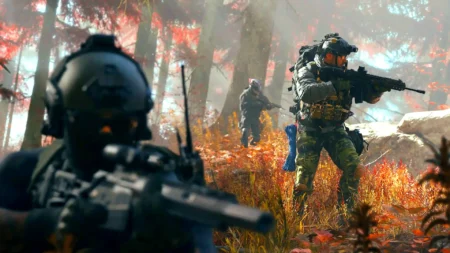 Image of Modern Warfare 4 characters holding rifles while roaming forest landscape