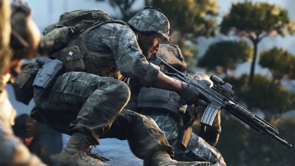 Image of Modern Warfare 4 soldier climbing over wall while holding assault rifle in hand