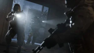 Image of Modern Warfare 4 player aiming at opponent with gun equipped with flashlight