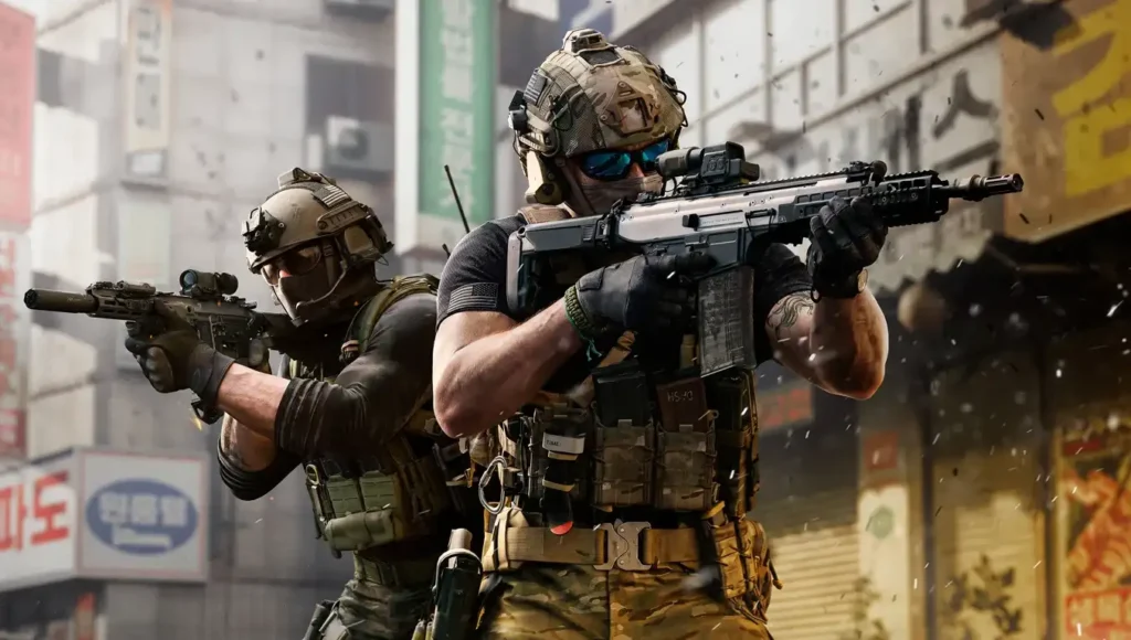 Image of MW4 Beta Weekend 2 players aiming down sights of assault rifles while standing on South Korean street