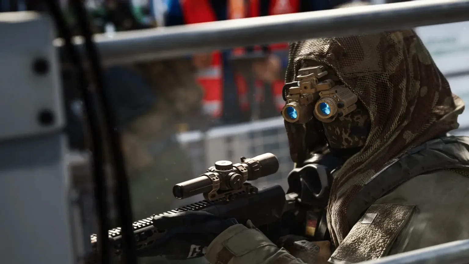 Image of Call of Duty MW4 player holding rifle while wearing goggles
