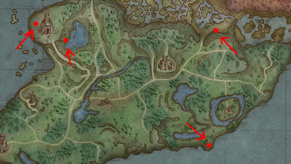 RuneScape Dragonwilds - All Kebbit Burrow Locations | runescape dragonwilds | GamesHorizon An image showing a map of RuneScape Dragonwilds. The red dots show the location of Kebbit Burrows.