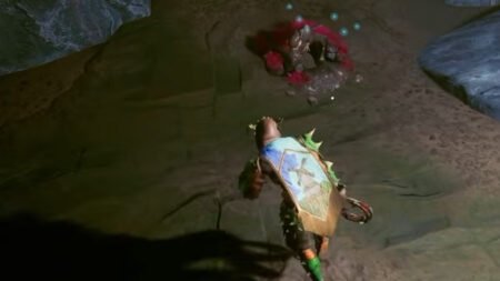 An image showing the gameplay of RuneScape Dragonwilds. There is a Kibbit Burrow, and a character running.