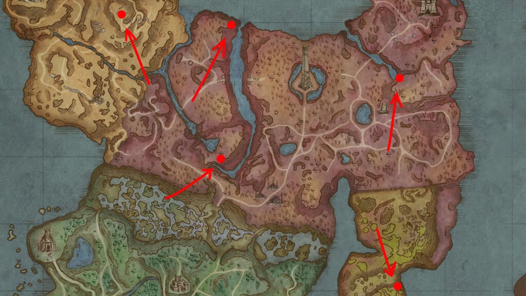 RuneScape Dragonwilds - All Kebbit Burrow Locations | runescape dragonwilds | GamesHorizon An image showing a map of RuneScape Dragonwilds. The red dots show the location of Kebbit Burrows.