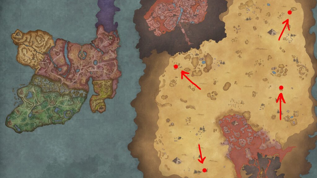 RuneScape Dragonwilds - All Kebbit Burrow Locations | runescape dragonwilds | GamesHorizon An image showing a map of RuneScape Dragonwilds. The red dots show the location of Kebbit Burrows.