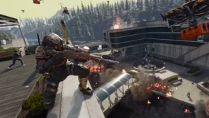 Image of Warzone player aiming down sights of sniper rifle while crouched on building rooftop. Drones carrying crates are flying in the sky nearby