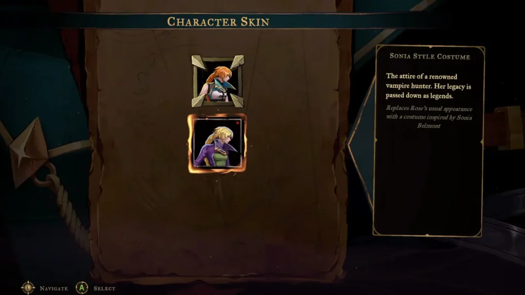 Castlevania Belmont Curse Sonia Skin Selection Screen